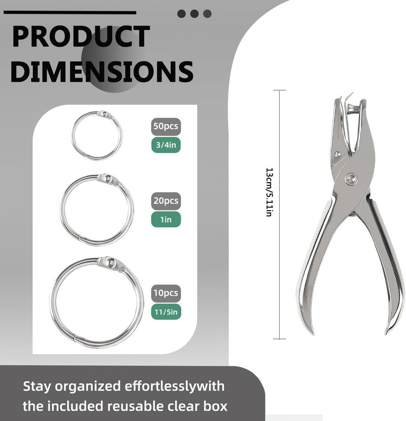 NEEWAY 80pcs Loose Leaf Binder Rings Assorted Sizes (0.75, 1, 1.2 Inch), Book Rings with Single Hole Punch, Metal Ring for Crafts - Image 2